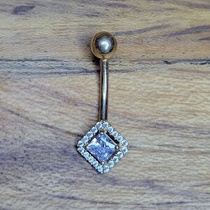 10k Yellow Gold Square Halo Setting Clear Stone 14G Belly Ring CZ